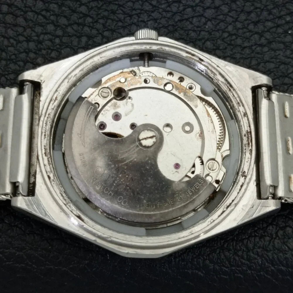 Vintage 1981 Citizen Automatic Mens Silver Watch W/daydate & Blue accents